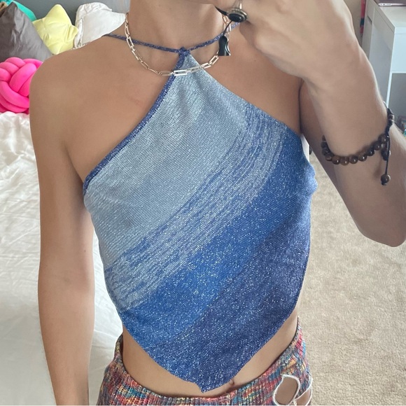 SPARKLY BLUE COLORBLOCK BANDANA TIE TOP - Picture 1 of 3